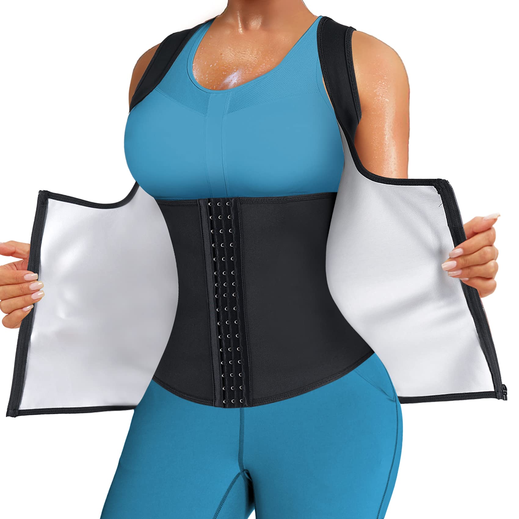 LANCS Sauna Suit for Women Sweat Waist Trainer Zipper Vest Cincher Body Shaper Corset Slimming Workout Tank Tops